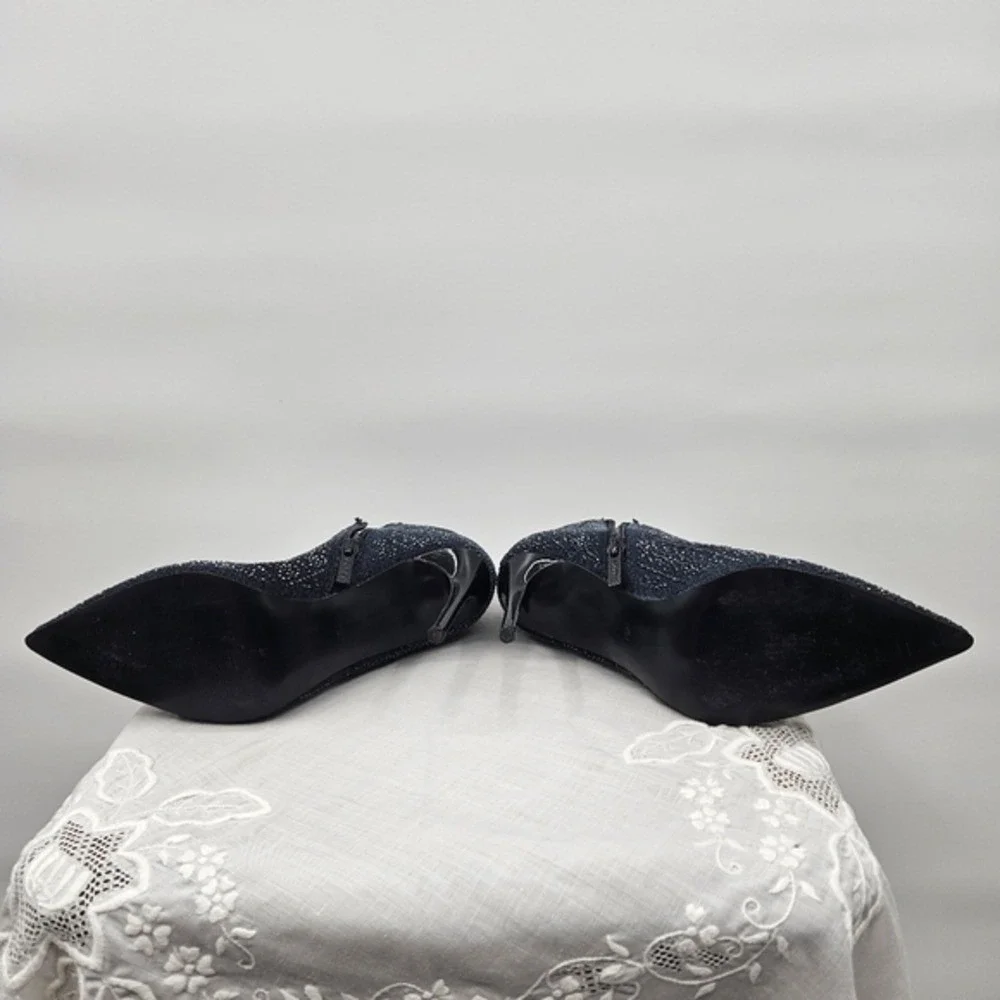 GUESS‎ Womens Dark Blue Denim Rhinestone Pointed Toe Stiletto Ankle Boots Zip